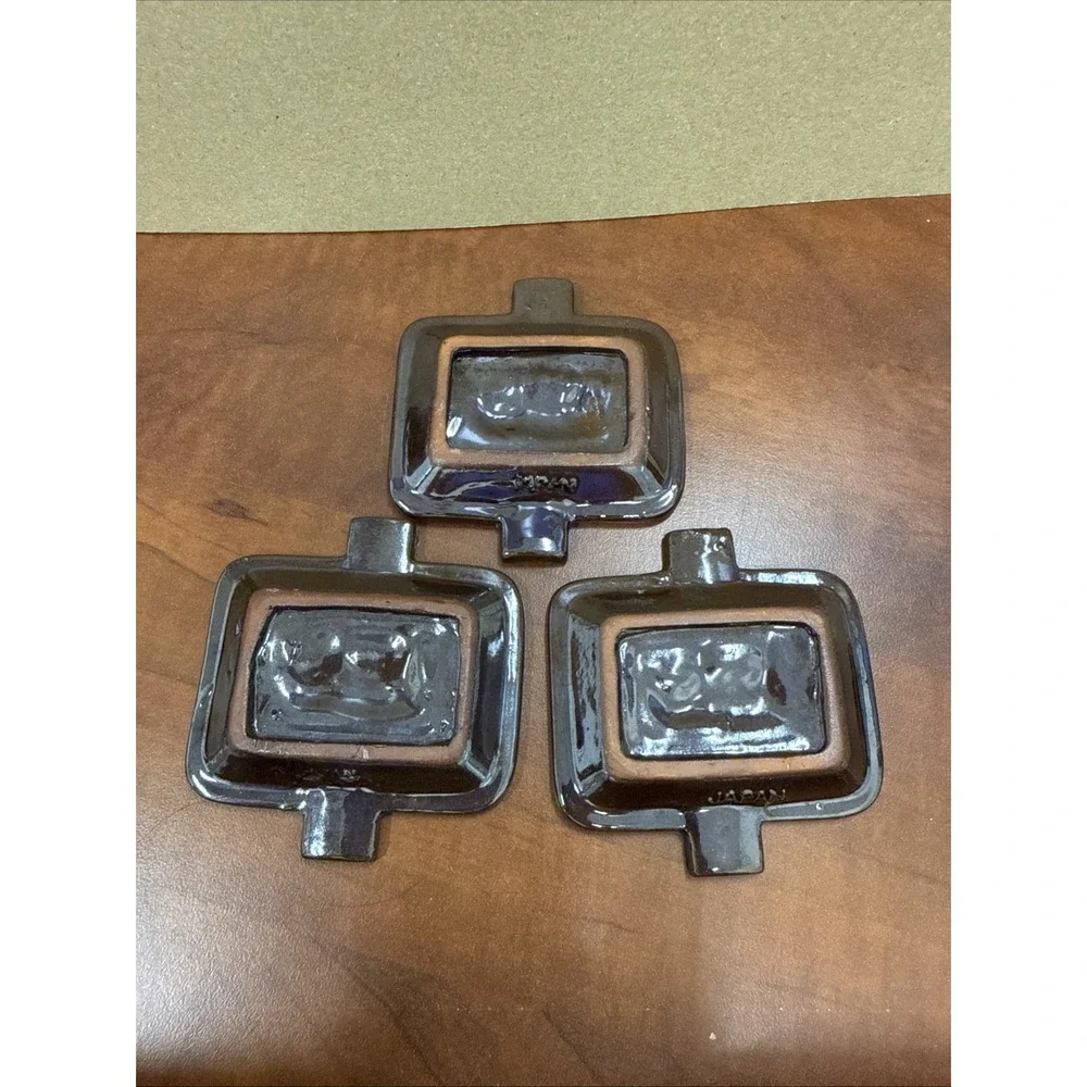 Vintage Elephant Ashtray Japan Individual Set Of 3 Trays Brown Luster Redware